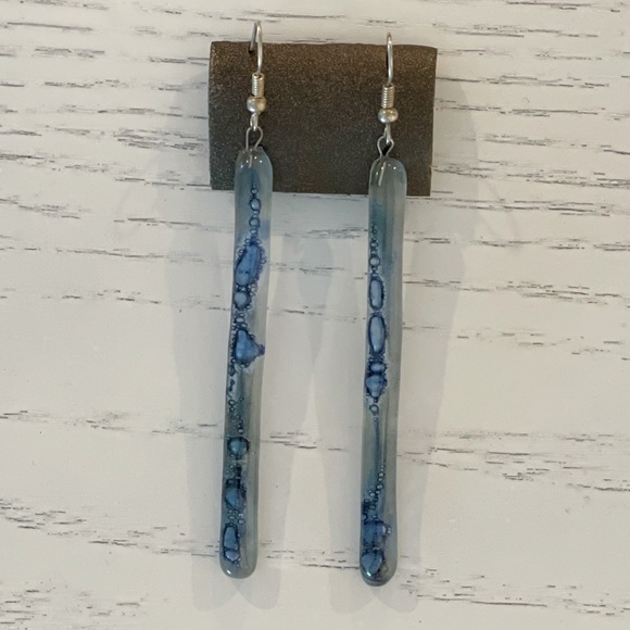 Art Glass Long Blue Dangle Bar Earrings - Picture 6 of 6